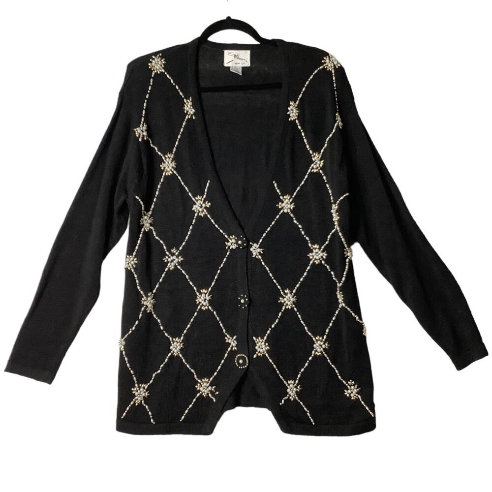 Vtg SML Sport Black Cardigan Beaded Pearl Gold‎ Design Women Large Cotton Blend